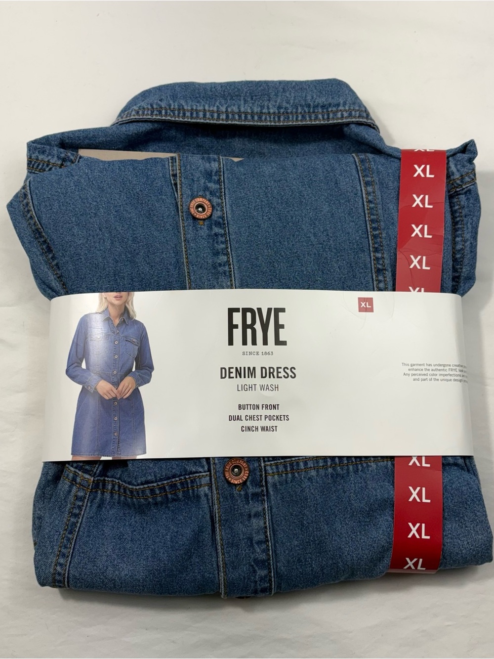 Frye Medium Wash Long Sleeve Button Down Cinch Waist Chambray Denim Dress NWT XL - Picture 3 of 3